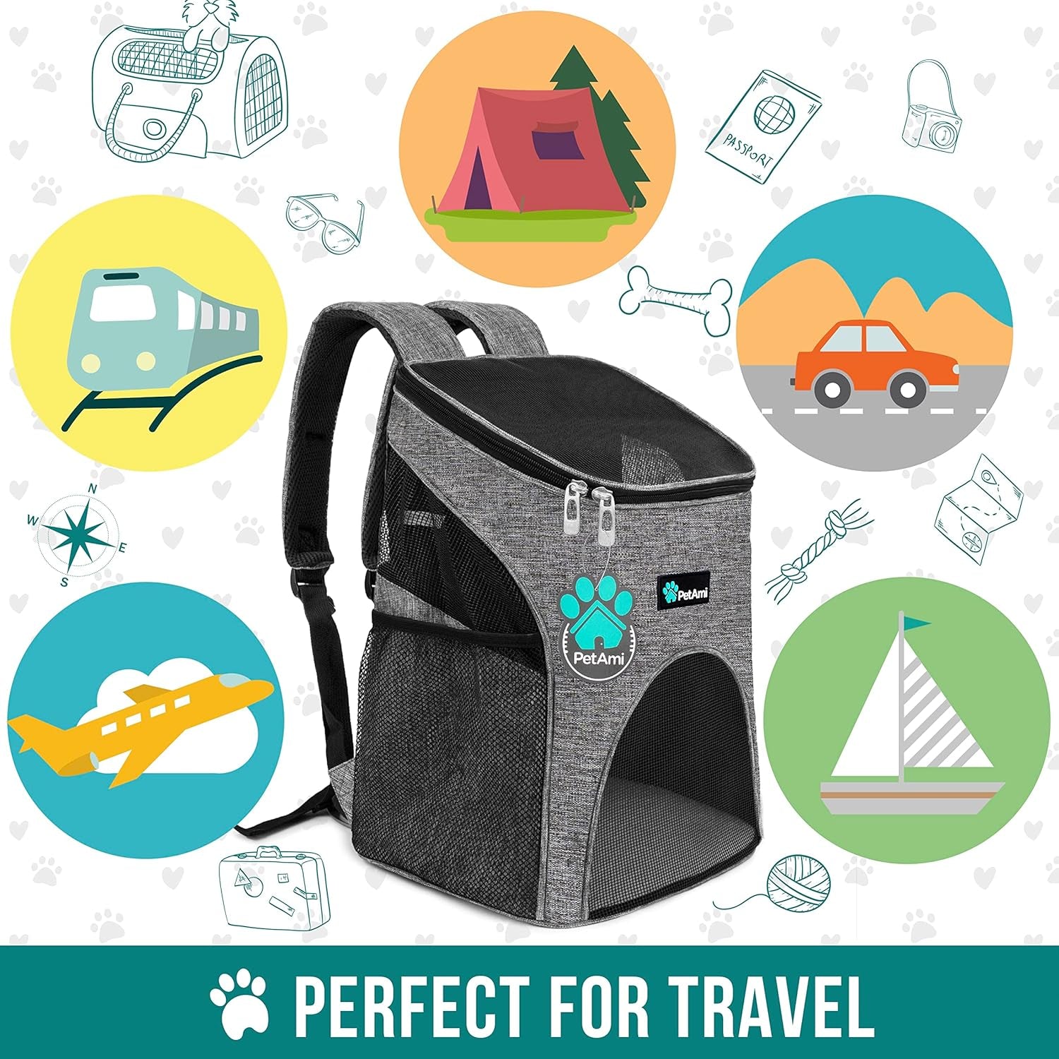 Small Dogs and Cat Backpack Carrier, Airline Approved Pet Backpack Carrier, Ventilated, Safety Strap, Buckle Support Designed for Hiking Travel Camping Outdoor, Max 18 Lbs (Heather Gray)