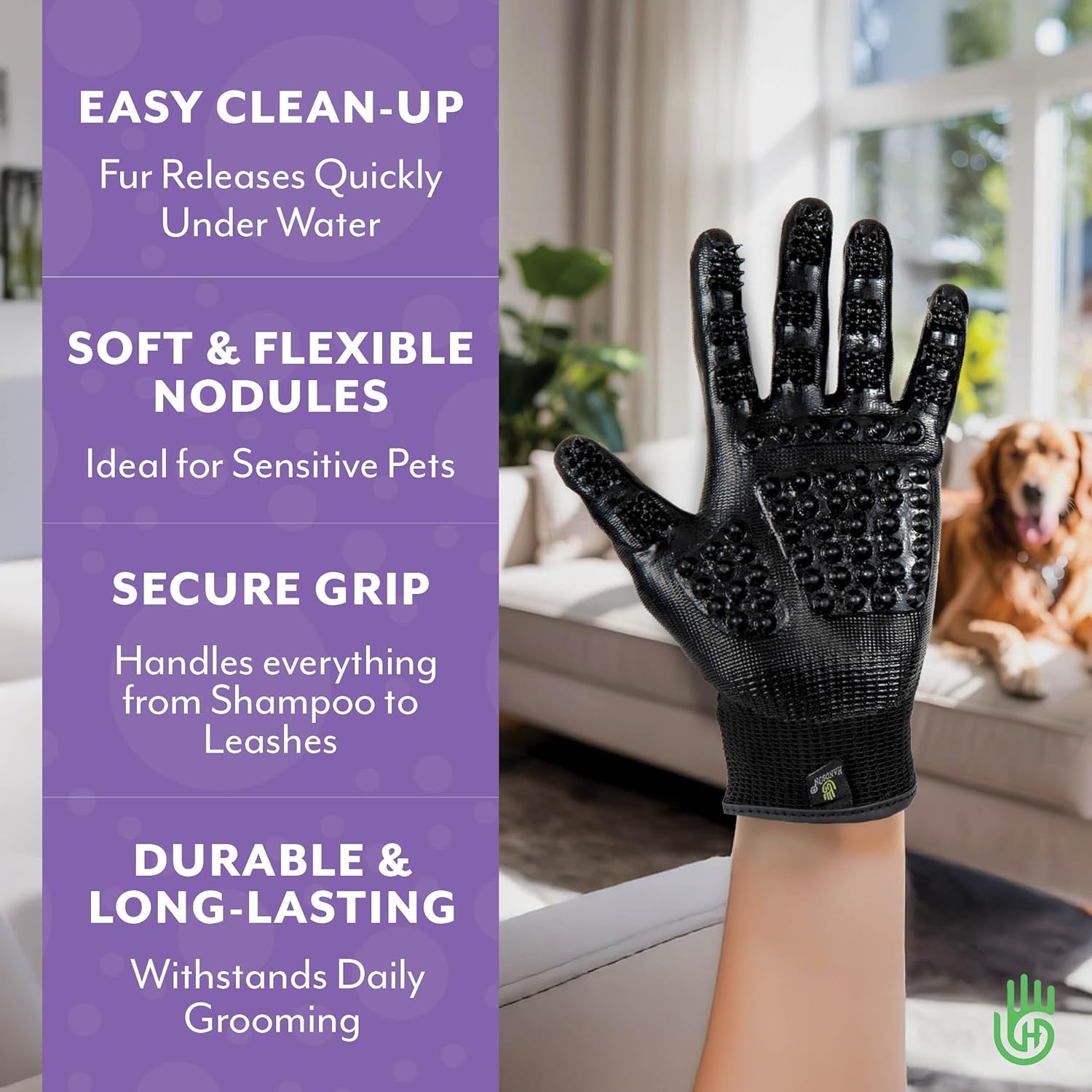 Pet Grooming Gloves - Award-Winning Shedding, Bathing, and Hair Removal Solution for Cats, Dogs, and Horses (Grey, Large)